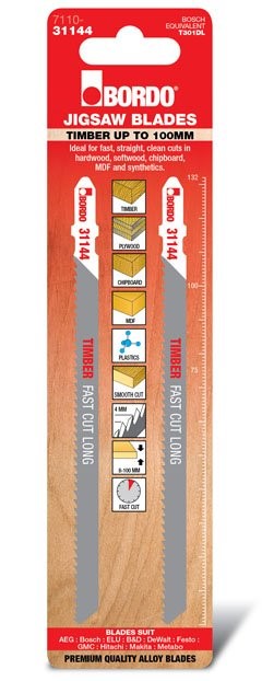 BORDO JIG SAW HCS T-SHANK STRAIGHT CUT 132MM TIMBER 2 PK 